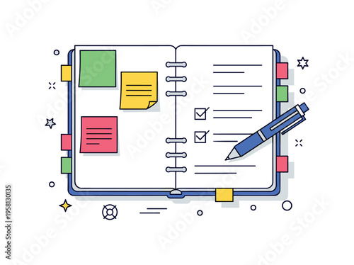 Creative planning setup with an open planner page decorated with bright sticky notes and a pen drawing a small checkmark next to a task. Positive visual