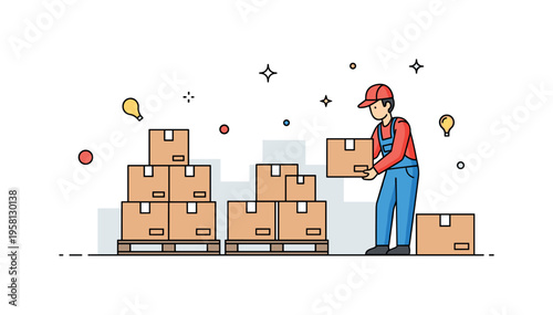 Warehouse logistics moment with boxes neatly stacked on pallets while a worker organizes them for storage. The composition emphasizes efficiency, organization