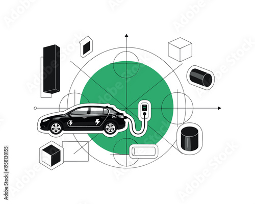 black and white electric car connected to a charging station cable, large green circle behind the car symbolizing clean energy, thin geometric lines and