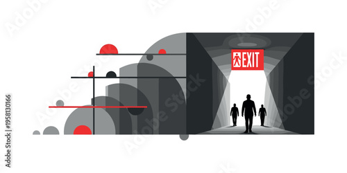 monochrome building hallway leading toward illuminated emergency exit with silhouettes moving forward, layered semicircles and geometric bars suggesting