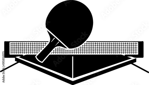Black vector ping pong racket and table icon