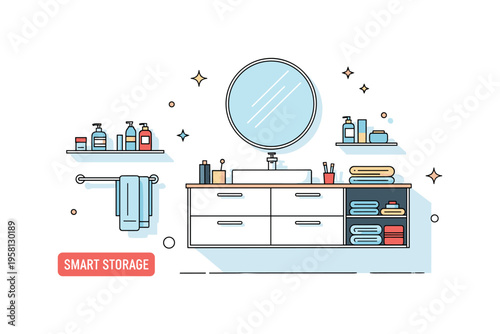 Modern bathroom vanity with sleek storage solutions featuring a floating cabinet with clean handleless drawers, a round mirror above and neatly arranged