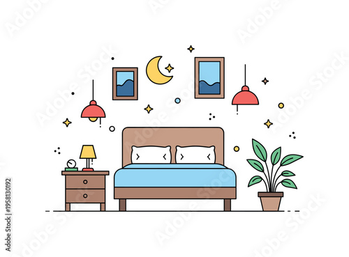 Relaxing sleep friendly bedroom with a comfortable bed, soft bedside lighting, and a small plant adding a calm natural touch. The composition expresses a