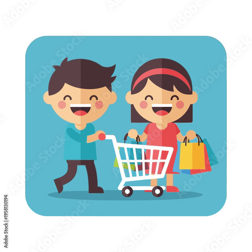Happy children enjoying a shopping trip with their grocery cart and bags