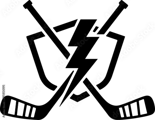 Vector hockey shield logo with crossed hockey sticks and lightning bolt