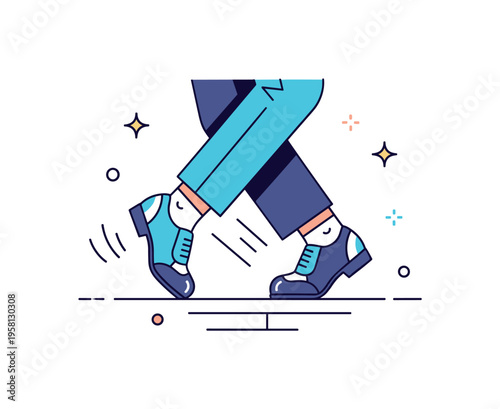 Tap dancing showing a performer striking the floor with shiny tap shoes, creating rhythmic movement and joyful energy. Minimalist flat vector illustration,