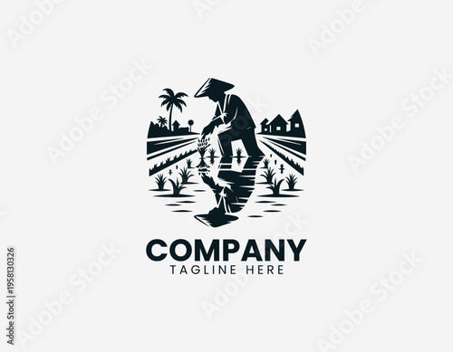 A farmer is illustrated planting rice in a field with rural landscape in a clean modern black vector logo illustration style on a white background