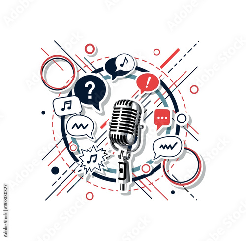 black and white vintage microphone with floating speech bubbles and abstract symbols around it symbolizing improv dialogue, white cut-out collage outline,