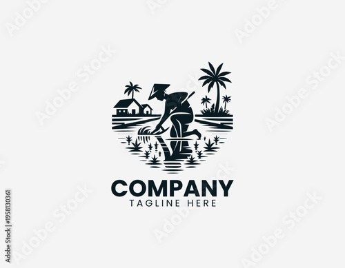 A farmer is illustrated planting rice in a field with rural landscape in a clean modern black vector logo illustration style on a white background