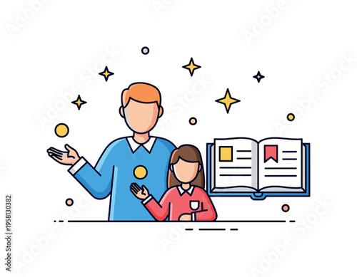 Faith mentorship discipleship a mentor figure sharing wisdom with a student beside an open scripture book and small star icons symbolizing guidance, teaching