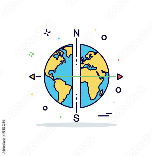 Equator world geography symbol where a simple globe is divided by a bright line across the middle while tiny directional arrows point north and south. The