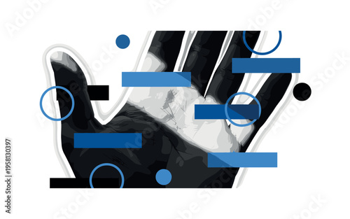 Black and white macro detail of palm lines and texture, layered with blue rectangular blocks and circular accents symbolizing uniqueness and identity, diagonal