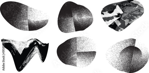 Distorted irregular shapes collection . Noisy design . Noise destroyed logo . Trendy grainy shapes set . Graph print texture .Spray effect .Grunge texture . Distressed element .vector
