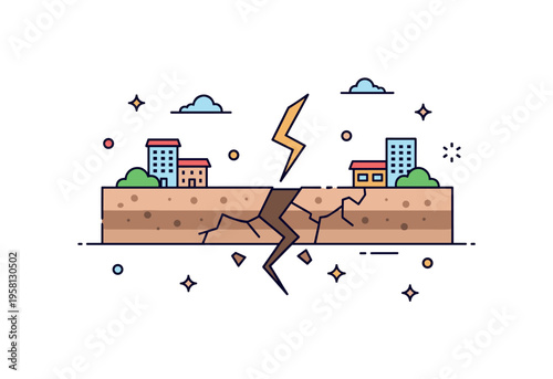 Cracked ground after earthquake deep fissure across the ground surface with small buildings nearby showing the powerful shift of tectonic movement. The scene