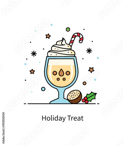 Holiday eggnog cocktail topped with whipped cream and nutmeg capturing indulgence and winter tradition. A small candy cane accent and subtle snow dots create a