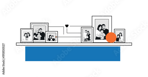 Black and white minimalist living room shelf with framed family photos arranged symmetrically, bold blue block grounding the lower composition, orange circular