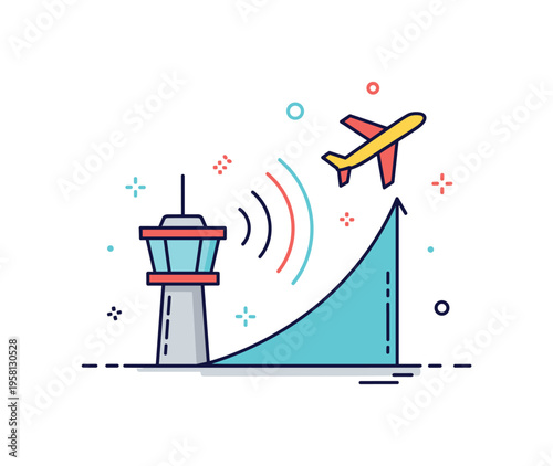 Takeoff clearance signal featuring a control tower emitting stylized radio waves toward an ascending airplane icon, capturing the moment of