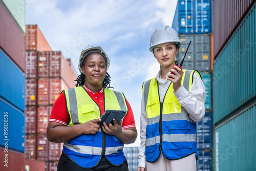 Female industrial workers engineer with communication radio and tablet managing shipping container logistics, looking at camera