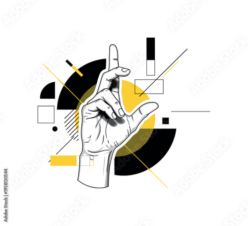 close-up of celebrity hand gestures abstract semicircles lines and geometric blocks symbolizing expressive posing black and white retro hand object with white
