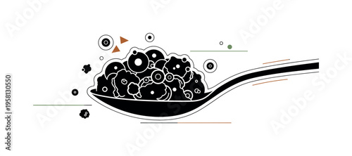Black and white side view of stuffing being lifted dramatically by a spoon, crumbs stylized as sharp geometric fragments and circular dots, thin linear accents