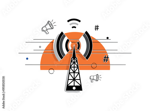 Black and white smartphone tower emitting geometric signal waves, orange semi-circle behind for warmth and urgency, thin horizontal grid lines creating