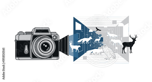 camera capturing nocturnal wildlife in corridor abstract semicircles lines and geometric blocks symbolizing study of animal activity black and white retro