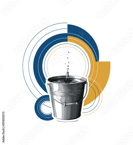 black and white bucket filled with water with small splash shapes rising upward, realistic cut-out object with white outline, concentric circular rings and