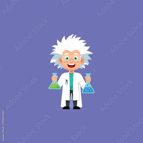 Cheerful scientist holding colorful beakers in a lab setting