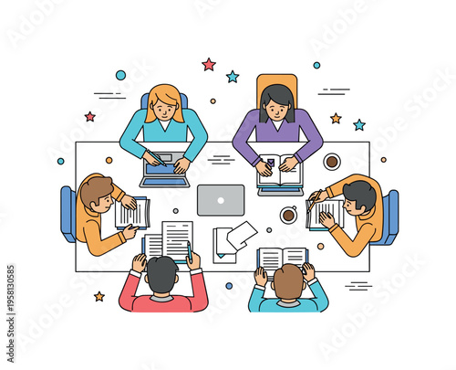 Study group with higher education students brainstorming around a table with laptops, papers, and coffee, representing collaboration, discussion, and shared