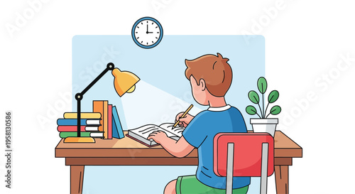 Young Boy Studying at Desk with Books.
