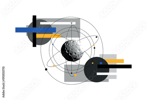 monochrome asteroid suspended within geometric orbit lines and circular rings symbolizing celestial mechanics, layered abstract rectangles and semicircles