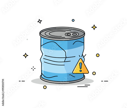 Food safety concern dented can marked with small caution symbol near the crease line. A concise editorial illustration about potential contamination risks and