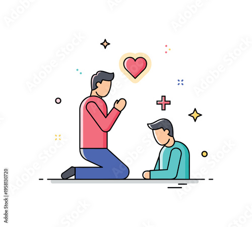 Prayer for healing caring figure kneeling in prayer while a soft glowing heart and small cross symbol appear above another person. The composition reflects