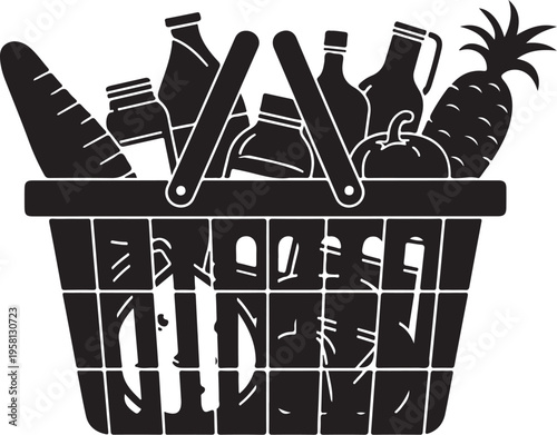 Shopping basket filled with fresh groceries and food items