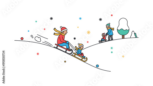 Family winter sledding children speeding down a snowy hill while a parent watches from the top near a small tree and falling snowflakes. The composition