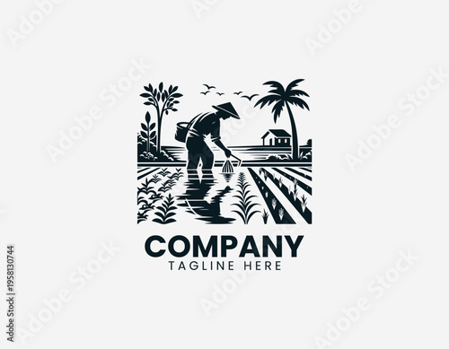 A farmer is illustrated planting rice in a field with rural landscape in a clean modern black vector logo illustration style on a white background