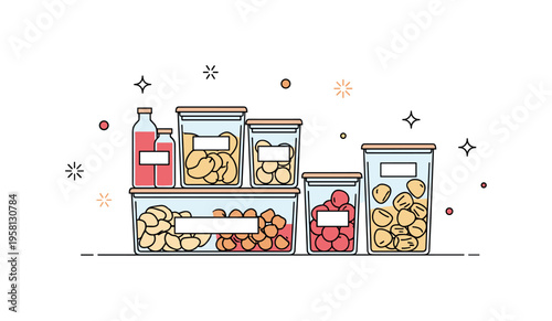 Minimal pantry organization transparent labeled containers filled with everyday ingredients arranged neatly with small decorative spark icons suggesting