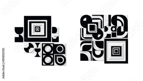 quilt patterns on table, geometric squares circles and layered abstract blocks illustrating creativity and planning, black and white retro realistic quilt