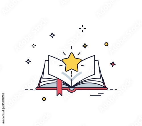 Beginning of a story with a small open book where a bright star emerges from the first page. The symbolic scene expresses imagination, creativity, and the