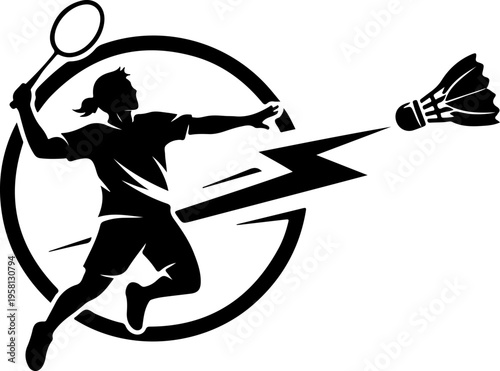 Vector badminton player silhouette icon with racket and shuttlecock
