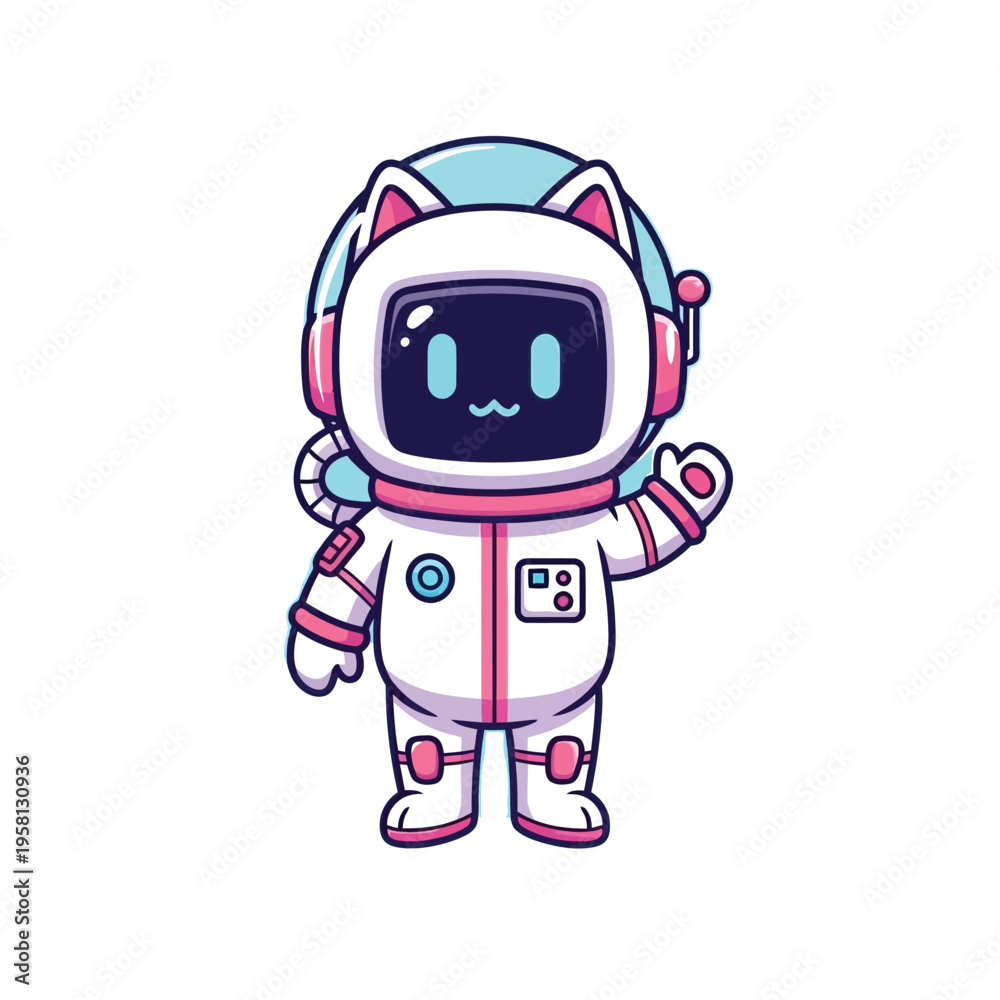 Fototapeta premium A whimsical cartoon astronaut with cat ears and a playful expression in a space suit