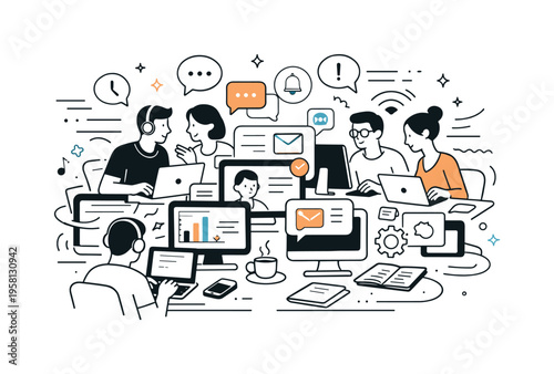 Noise and visual clutter. Desks packed closely together with overlapping screens and conversations, sensory input piling up, controlled chaos expressed with