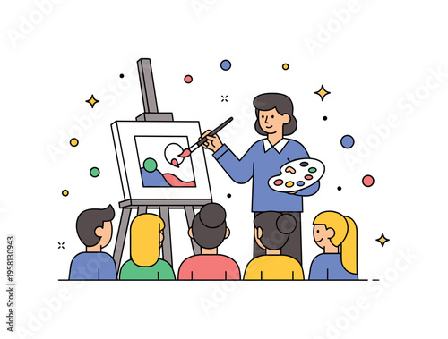 Art instruction scene with a teacher holding a brush and palette while explaining painting techniques to students gathered around an easel. The composition
