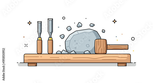 Stone carving tools set a tidy bench with sculpting chisels, a wooden mallet and a rough stone piece surrounded by small chips, illustrating the essential