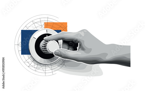 black and white human hand turning a round thermostat dial, white cut-out outline effect, concentric circular rings and thin geometric lines
