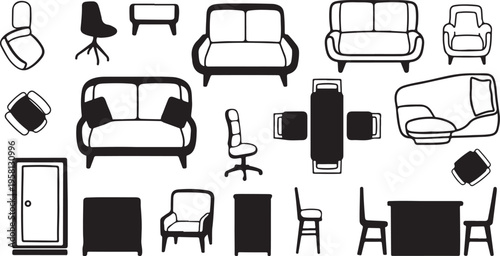Furniture icons set in black and white minimalistic style