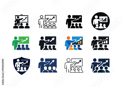 Team presentation. Icon set. Set Logo of team presentation: leader pointing at chart. harmonious logo variations of the same emblematic concept, each with