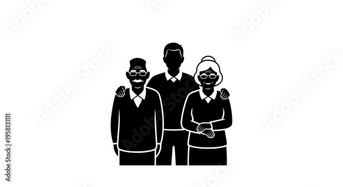 Adult son embracing senior parents family generations illustration