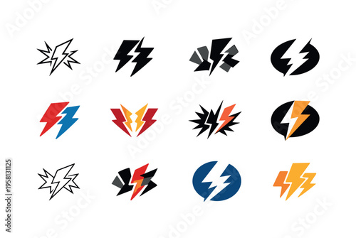 Color clashing. Icon set. Set Logo of Color clashing: lightning bolt. harmonious logo variations of the same emblematic concept, each with different artistic
