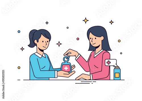 Providing a helping hand at a hospital or care facility, assisting someone with small tasks, highlighting empathy and supportive presence. Minimalist flat